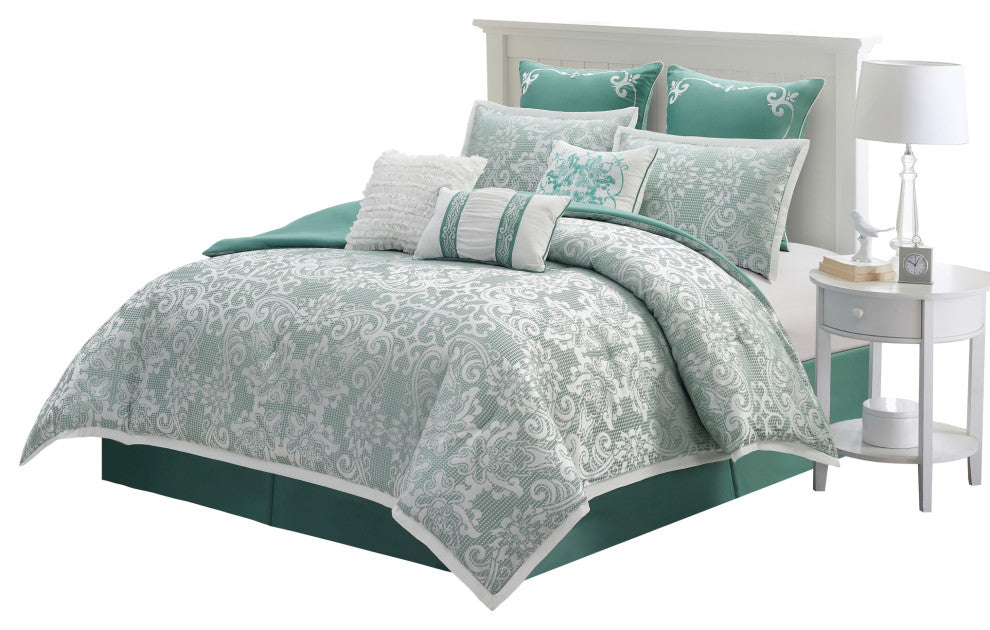 Barvina 9 Piece Damask Comforter Set, Sage, King
