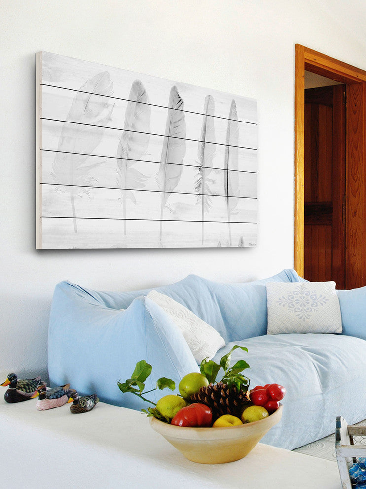 "Five White Feathers" Wall Art on Wood, 45"x30"