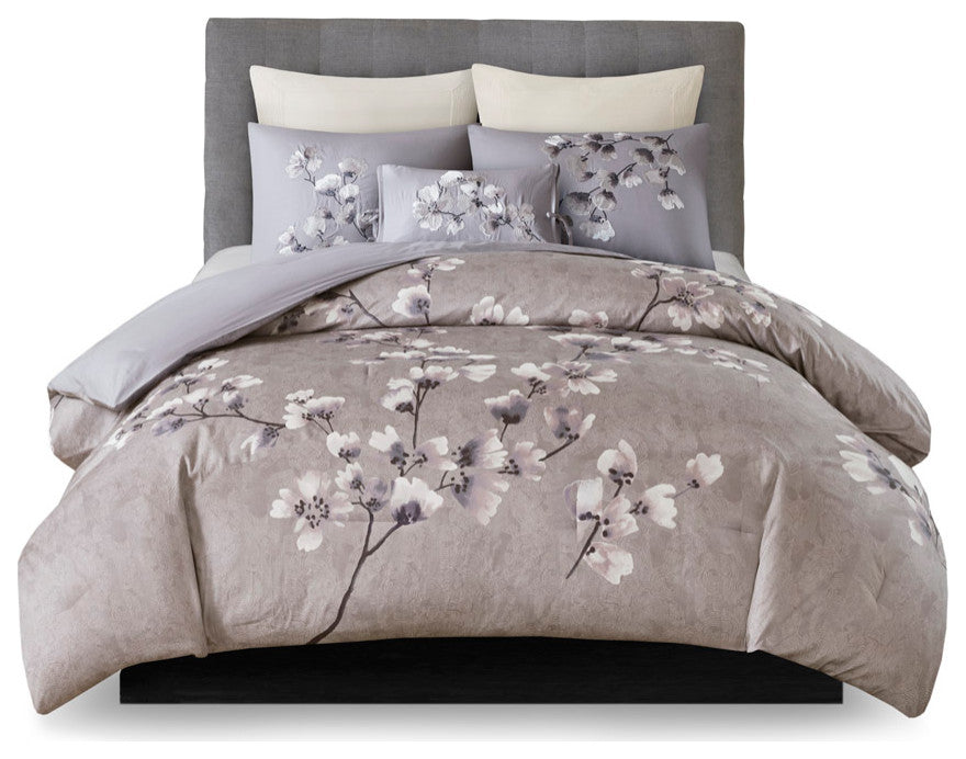 N Natori Sakura Blossom 3 Piece Cotton Sateen Printed Comforter Set, Lilac