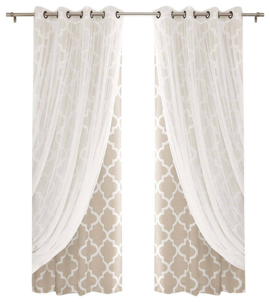 Gathered Tulle and Moroccan Trellis 4-Piece Darkening Curtain Set, Beige