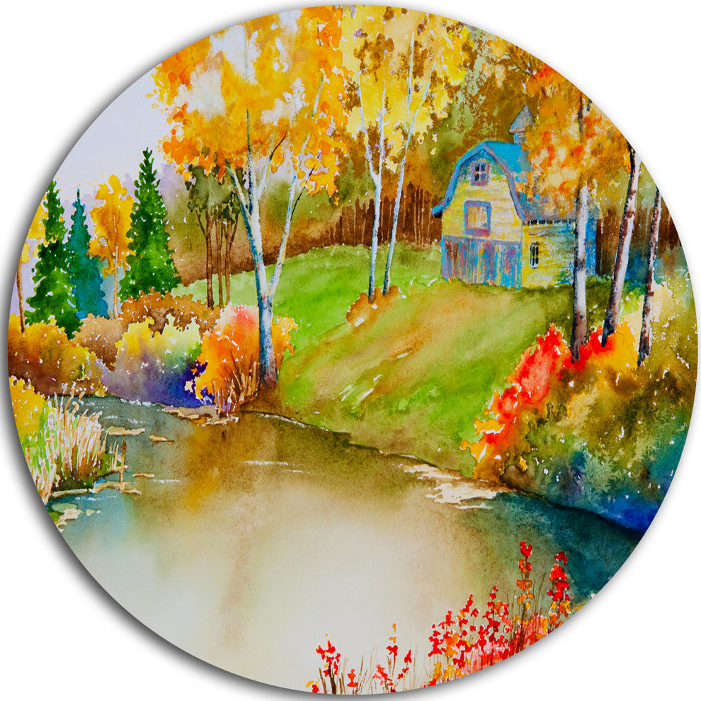 House And Quiet Pond In Fall, Landscape Round Metal Wall Art, 11"