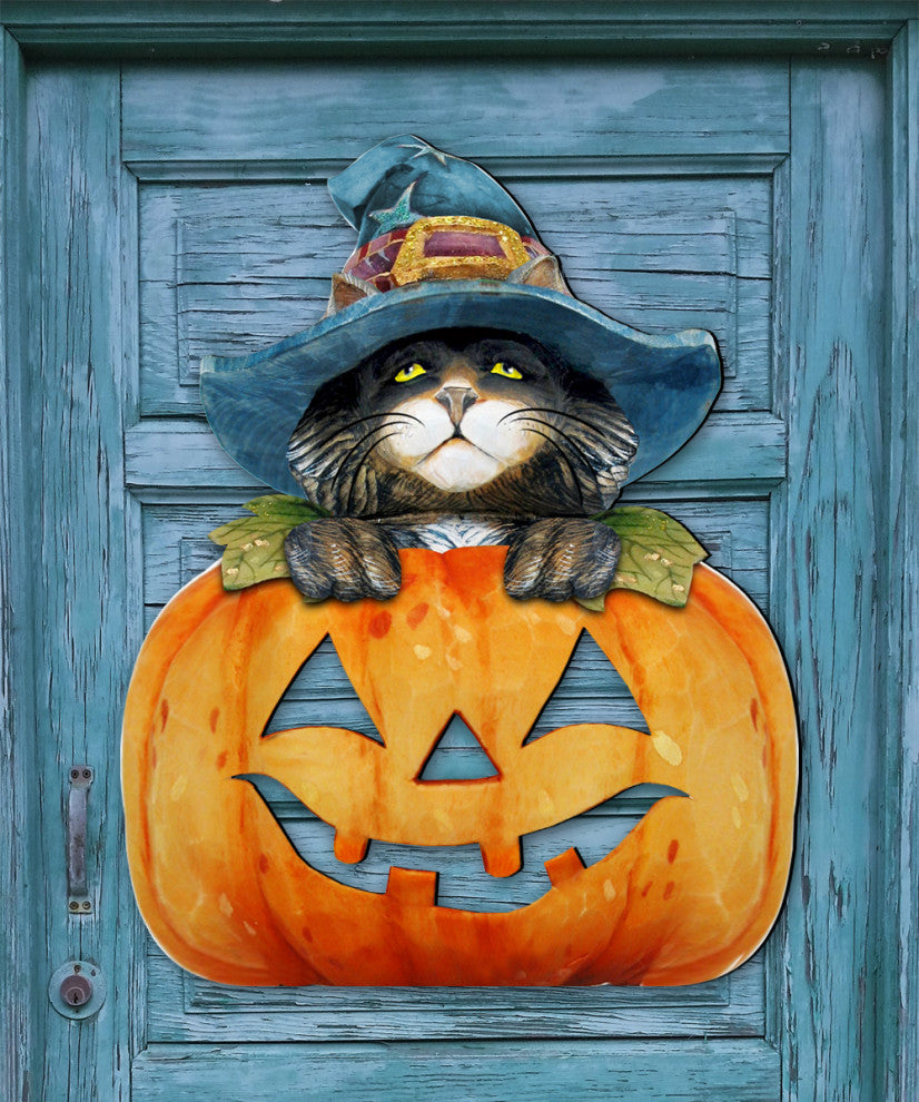 Black Cat Pumpkin Door Hanger