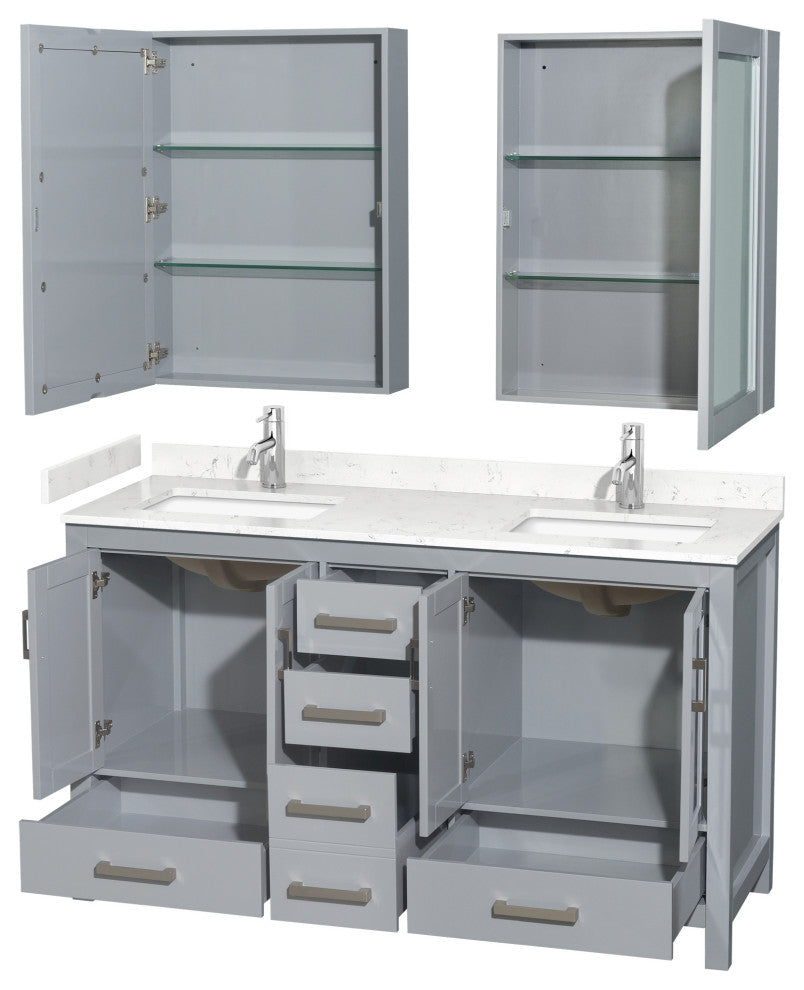 60"DBL Vanity Gray, Carrara Cult. Marble Countertop, Sinks, Med. Cabinets