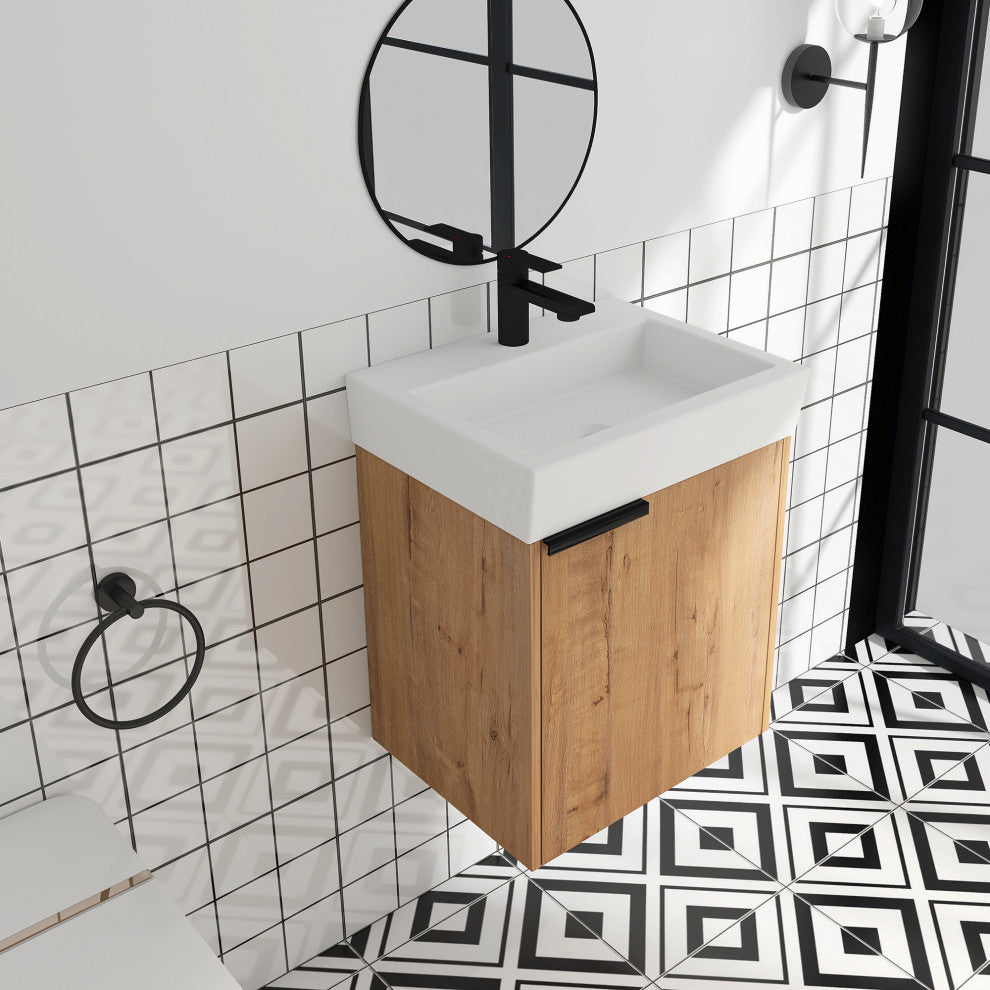 Wall-Mounted Bathroom Vanity With Ceramic Top and Basin