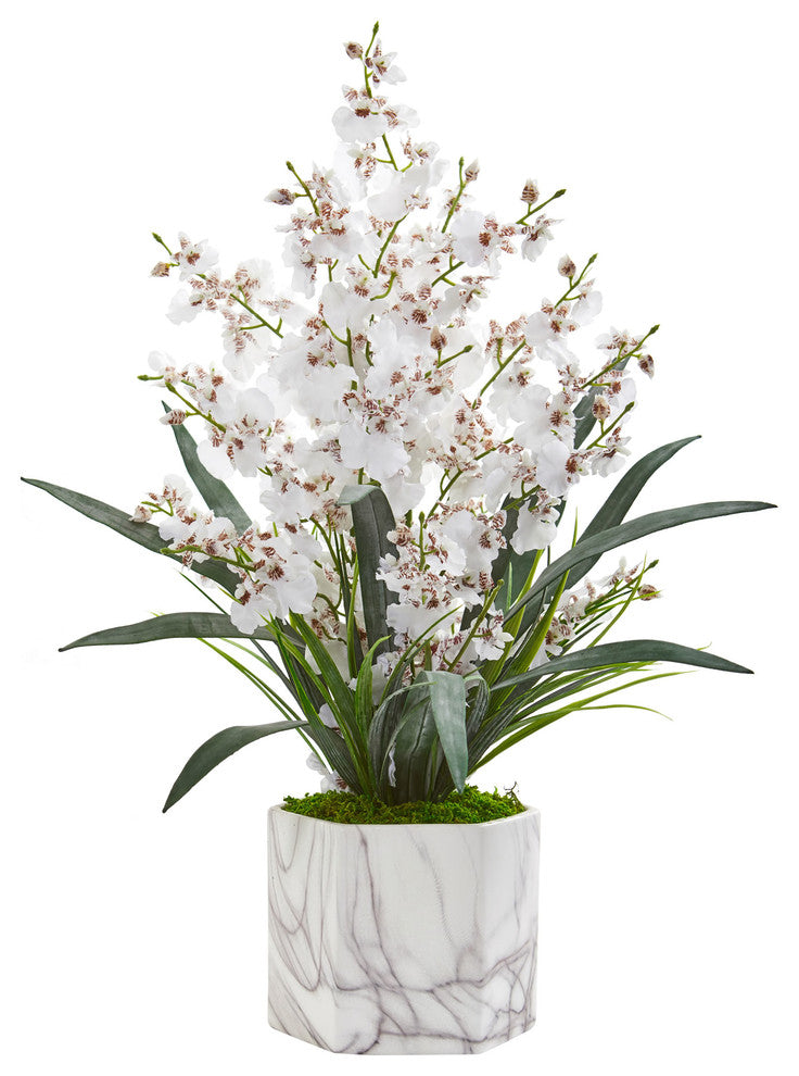 Dancing Lady Orchid Artificial Arrangement in Marble Finished Vase, White