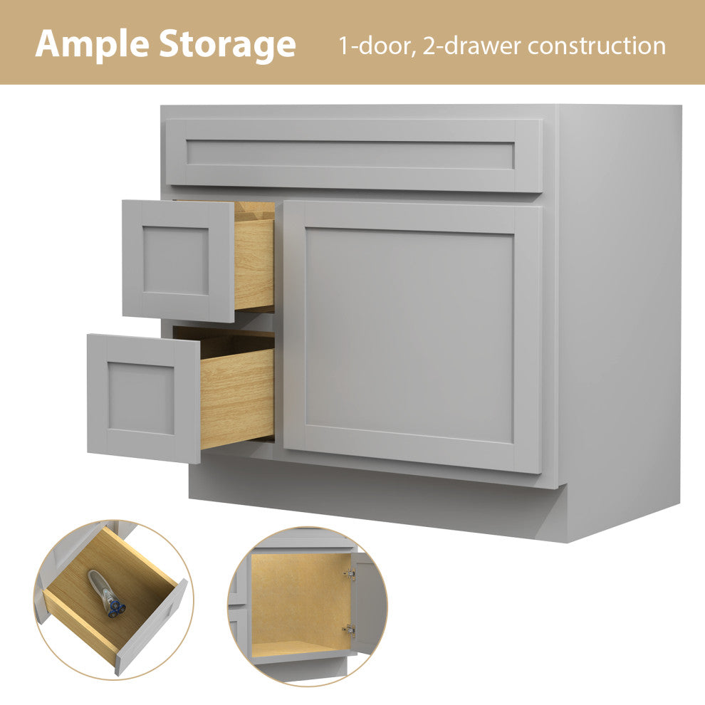 Vanity Art Vanity Base Cabinet, No Top, Drawers on Left, 36", Gray