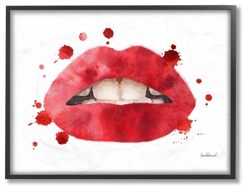 Red Lips Watercolor Splash Framed Giclee Texturized Art, 11"x14"