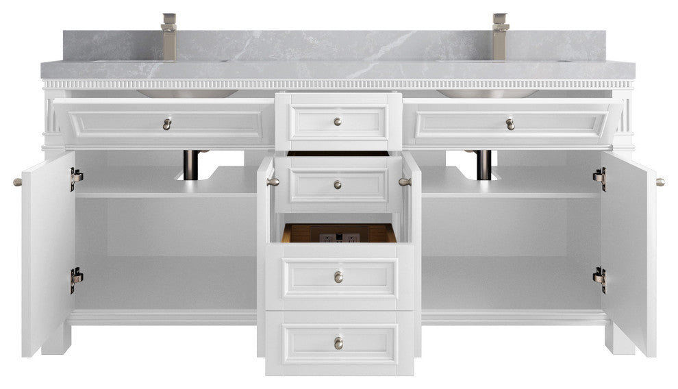 Paris 72" Double Sink Bathroom Vanity, White 2" Pearl Gray