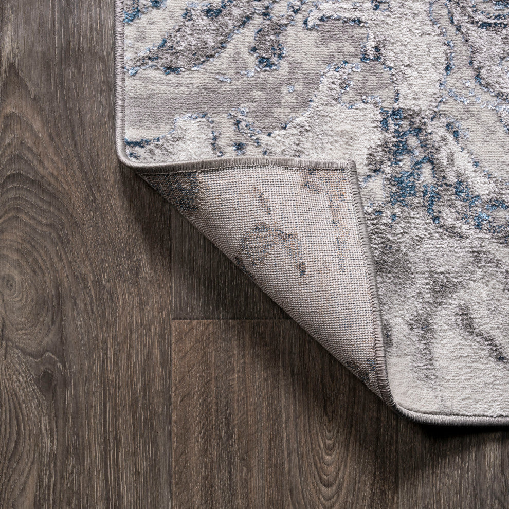 Swirl Marbled Abstract Area Rug, Gray/Blue, 2'x8'