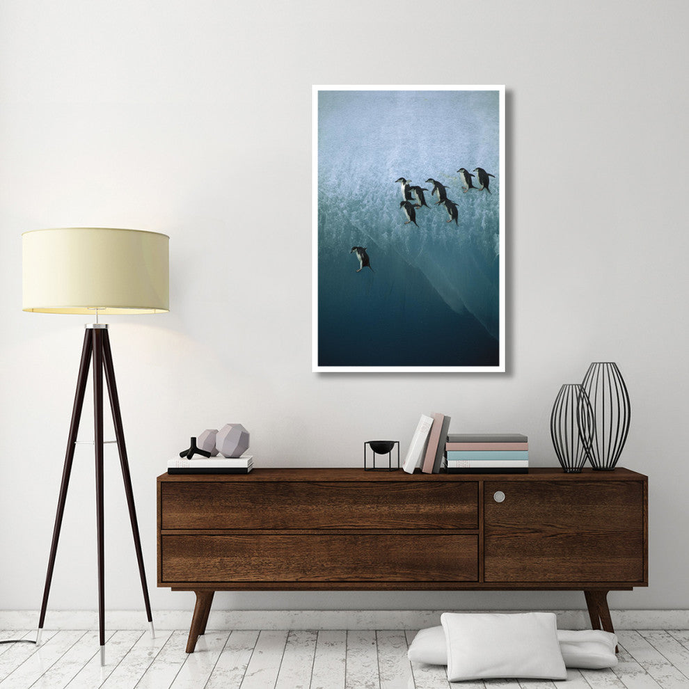 "Chinstrap Penguins jumping off iceberg, Sandwich Islands" Paper Art, 34"x50"