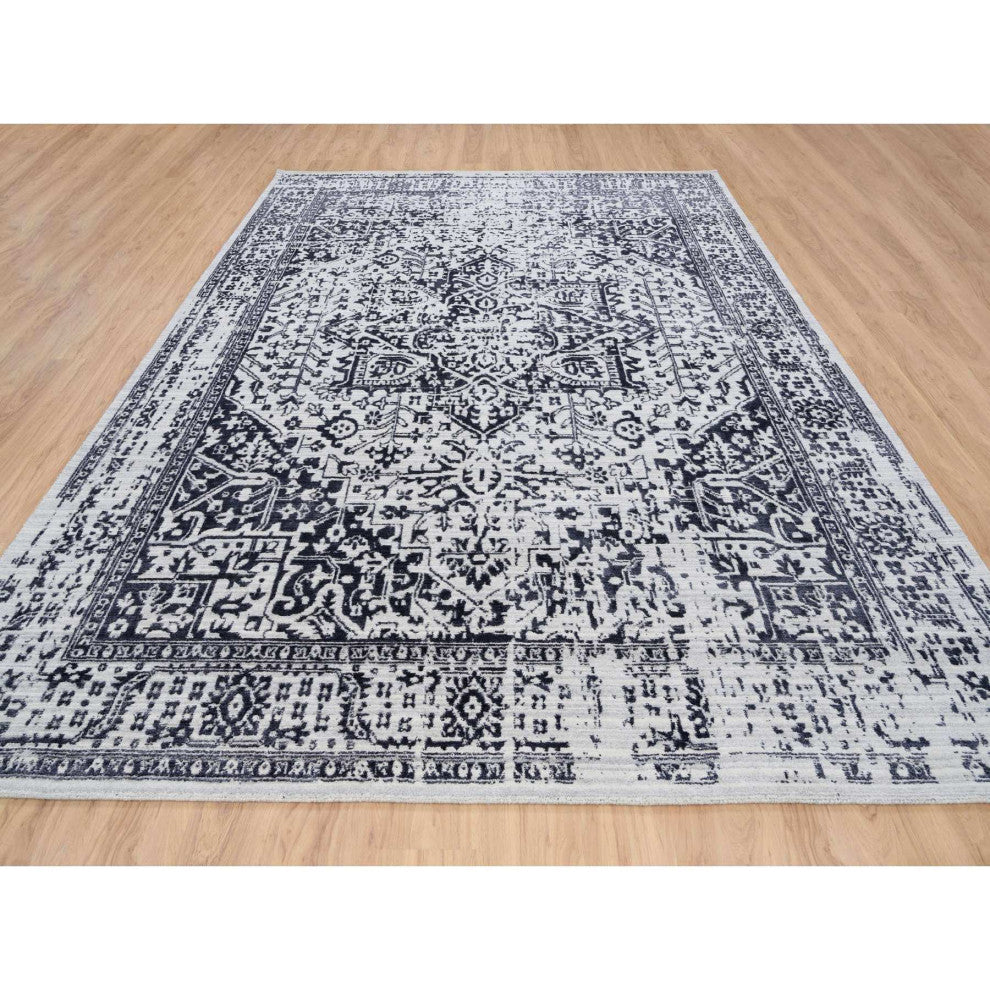 Black Erased Serapi Heriz Design Wool and Silk Hand Loomed Rug 9'0" x 11'10"