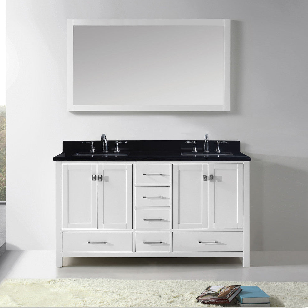 Virtu Caroline Avenue 60" Double Bathroom Vanity, White, Faucet and Mirror