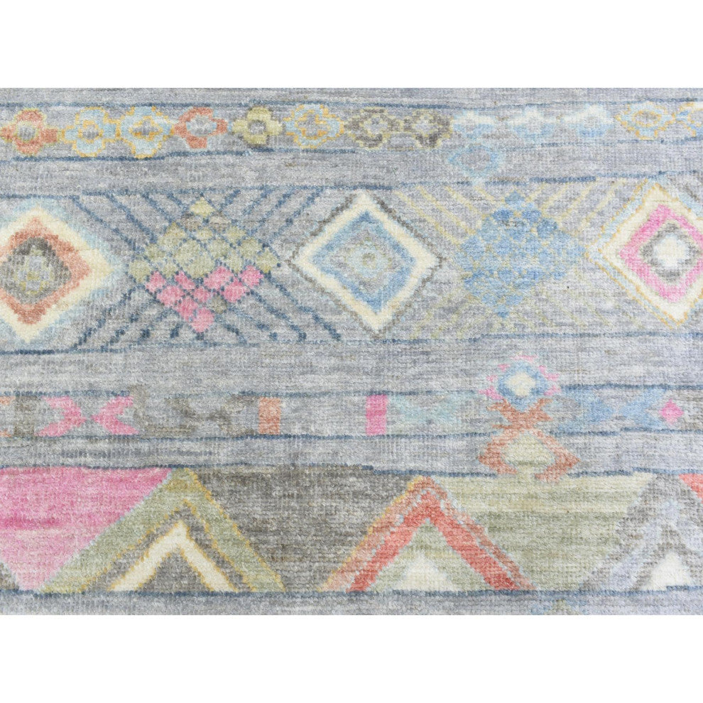 Gray Hand Knotted Inspired With Small Triangular Design Runner Rug, 9'1"x11'8"