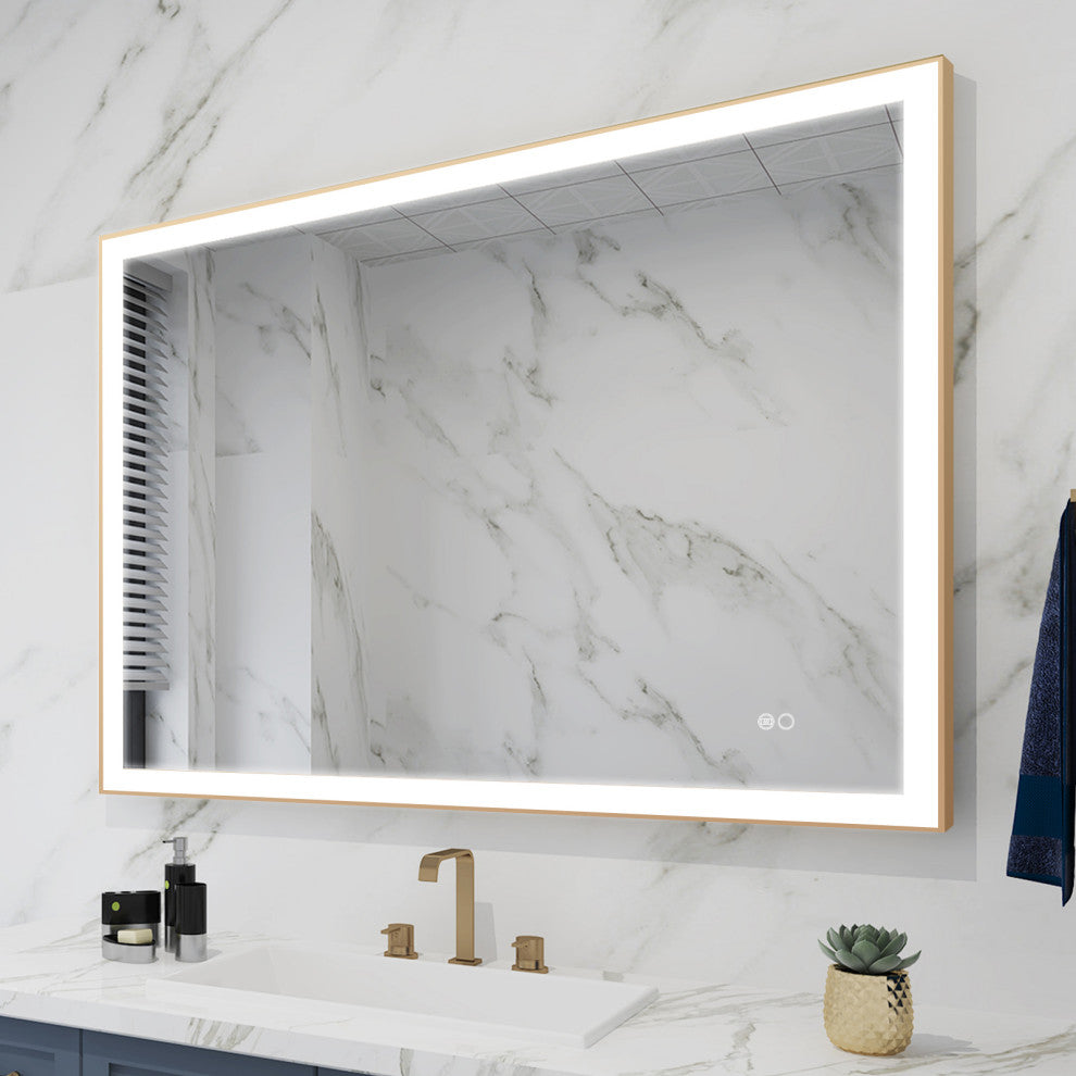 Framed LED Lighted Bathroom Vanity Mirror With Defogger, Gold, 48"x36"