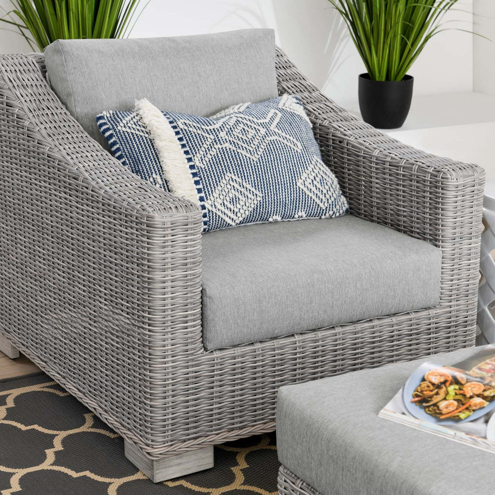Side Chair Armchair and Ottoman, Rattan, Wicker, Gray, Modern, Outdoor