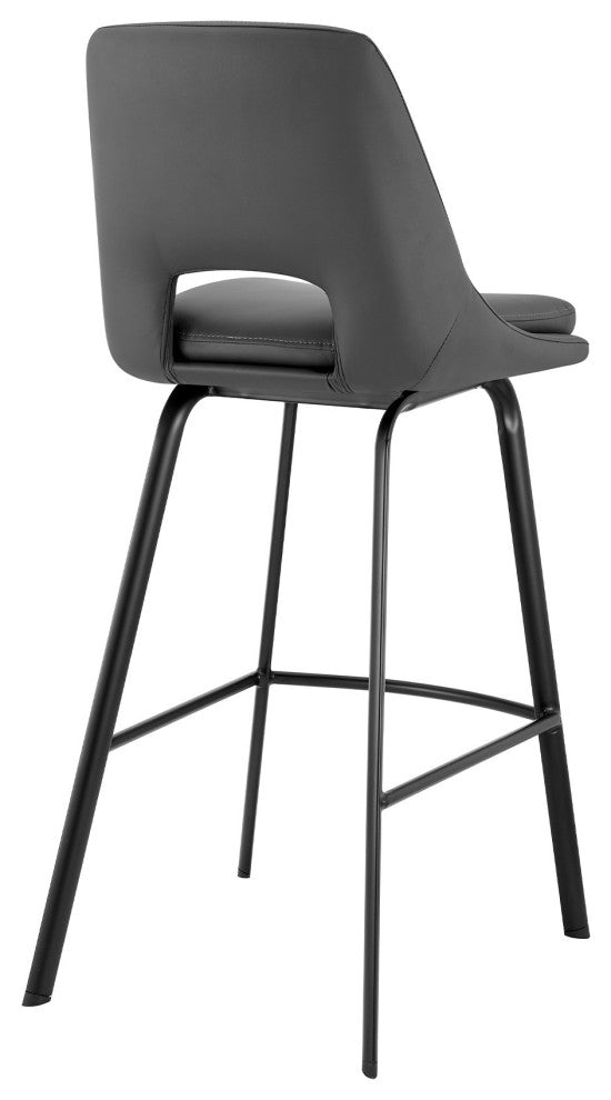 26" Elegant Gray Faux Leather and Black Metal Armless Swivel Counter Stool