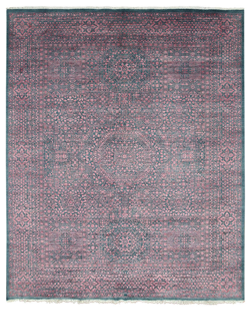 Dark Green Obscured Mamluk Design Wool and Silk Hand Knotted Rug, 8'0"x9'9"