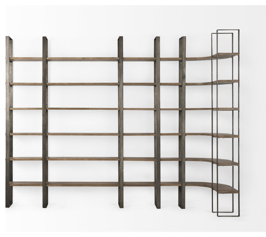 90" Brown Distressed Metal and Solid Wood Six Tier Bookcase