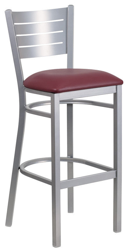 Silver Slat Back Metal Restaurant Barstool, Burgundy Vinyl Seat
