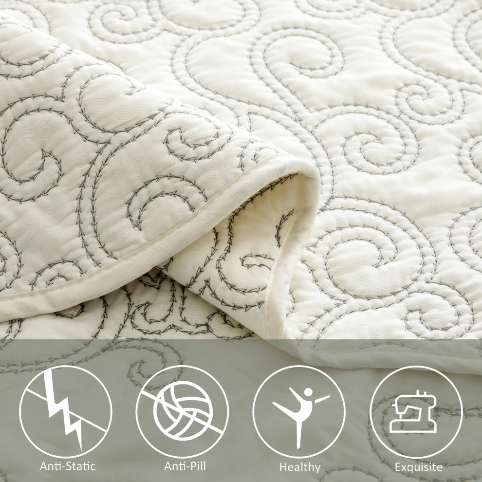 Damask Embroidered Quilted 4 Piece Bed Spread Sets, Antique White, Queen