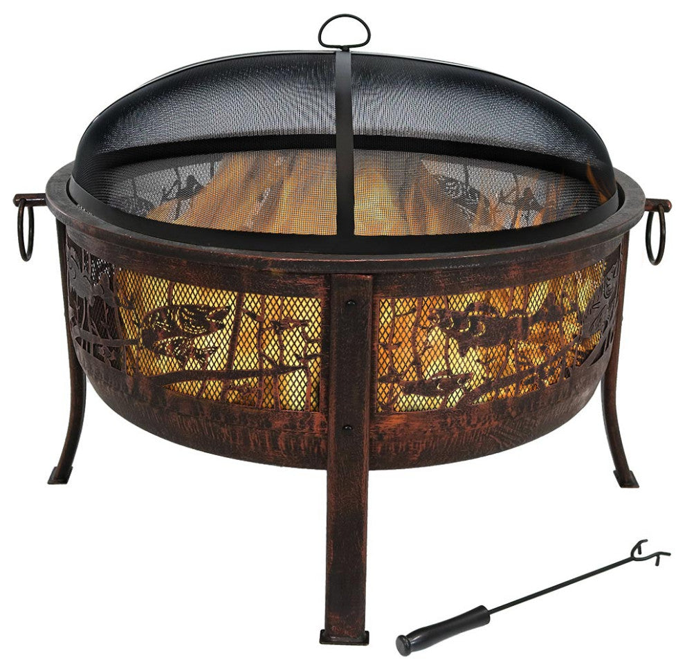 Sunnydaze Northwoods Fishing Fire Pit With Spark Screen, 30" Diameter