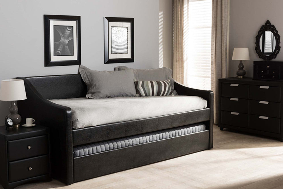 Abby Fabric Upholstered Daybed With Trundle Bed, Black