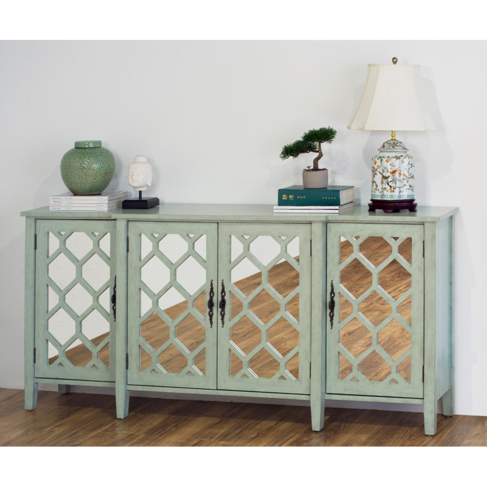 Zen Sage Sideboard with Lattice Fretwork Mirror Doors