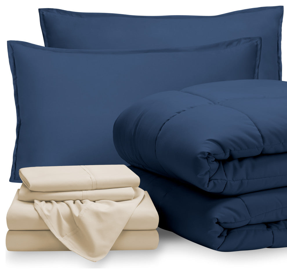 Bare Home 8-Piece Bed-in-a-Bag Split Sizes, Dark Blue, Sand, Split King