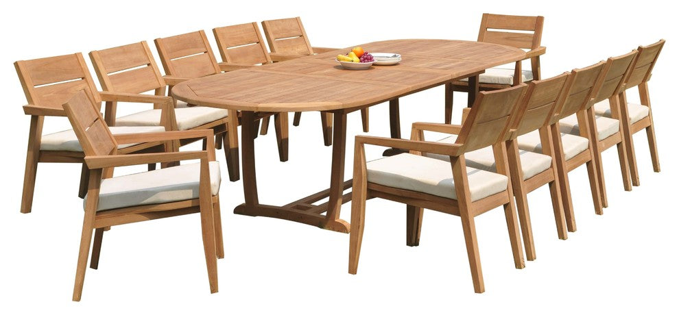 13-Piece Outdoor Teak Dining: 117" Masc Oval Table, 12 Celo Stacking Arm Chairs