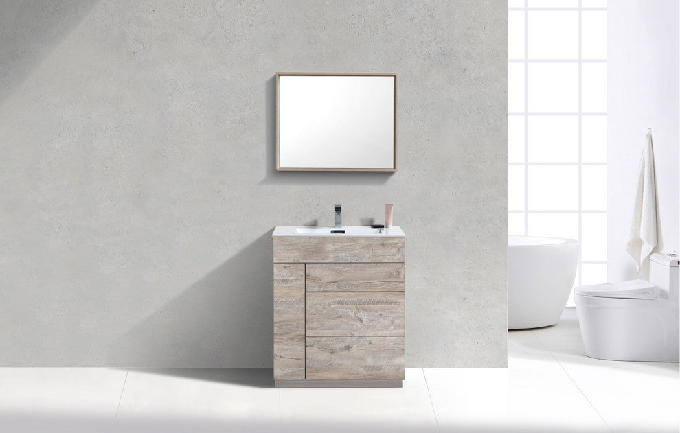 Milano 30" High Glossy Bathroom Vanity, High Gloss White, Nature Wood