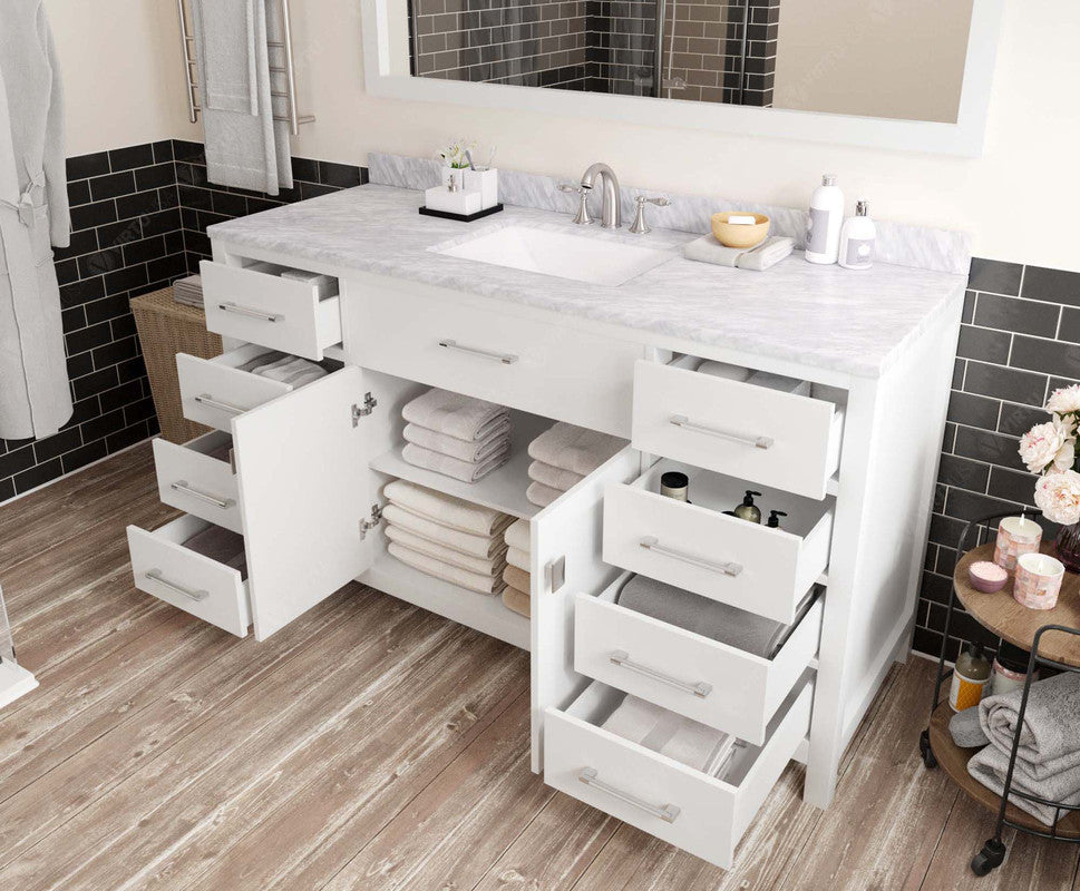 Caroline 60" Single Bath Vanity, White, White Marble Top and Square Sink