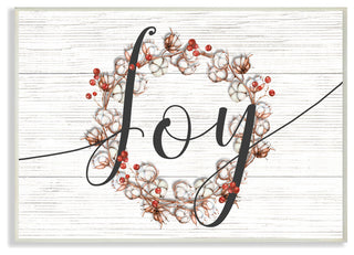 Minimal Cotton and Berries Joy Wreath White Planked Typography Plaque, 10"x15"