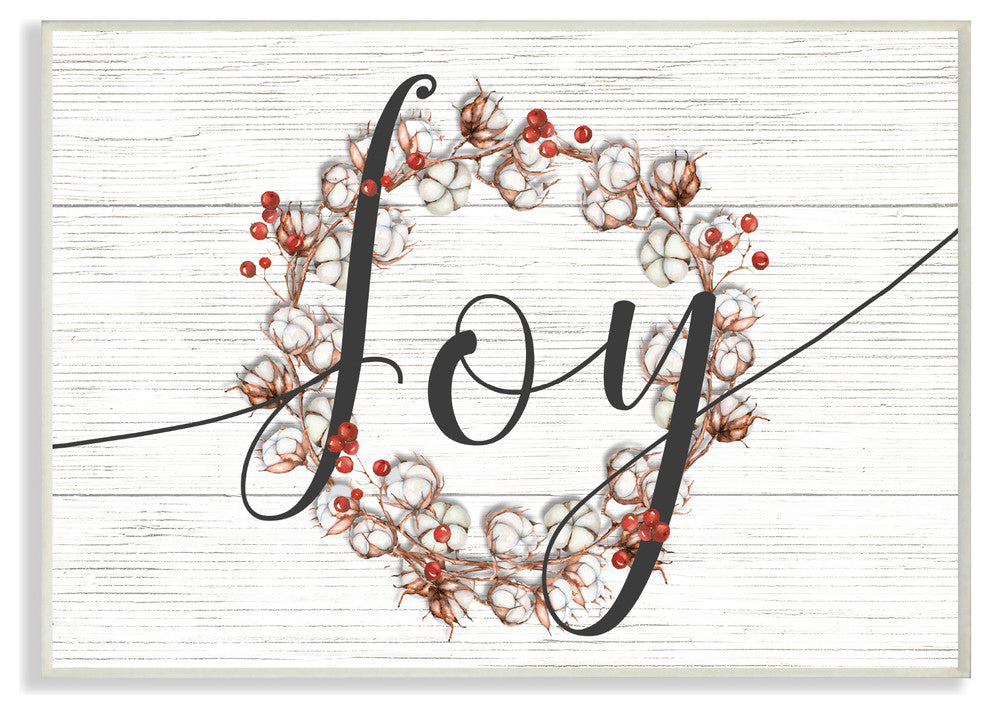 Minimal Cotton and Berries Joy Wreath White Planked Typography Plaque, 10"x15"