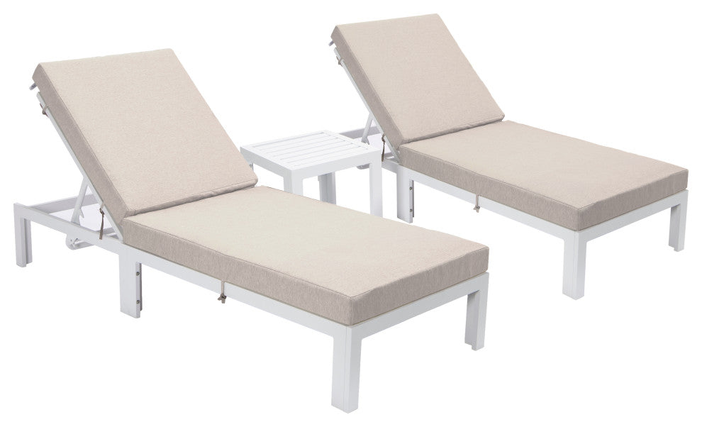LeisureMod Chelsea Chaise Lounge Chair With Side Table, Beige