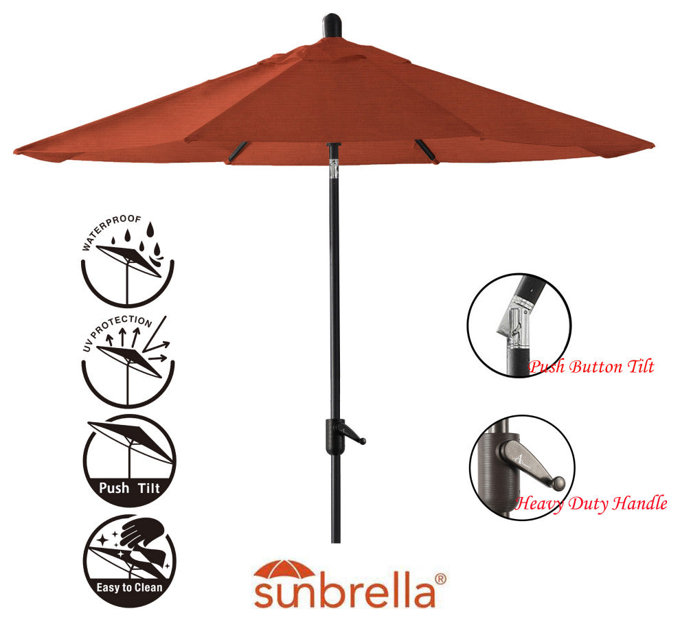 9' Round Push Tilt Market Umbrella, Black Frame, Sunbrella, Terracotta