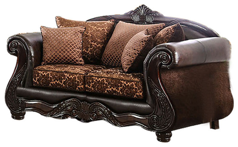 Chenille Loveseat with Intricate Wood Trim Design, Brown