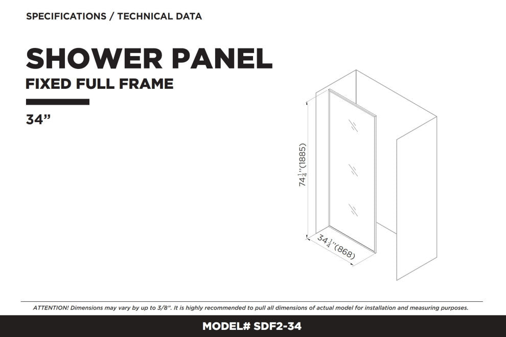Single Fixed Glass Shower Panel - Clear Tempered Full Frame Shower Glass Door, Polished Chrome, 34"
