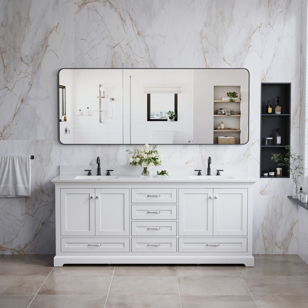 80" Freestanding Bathroom Vanity with White Cultured Marble Top in White