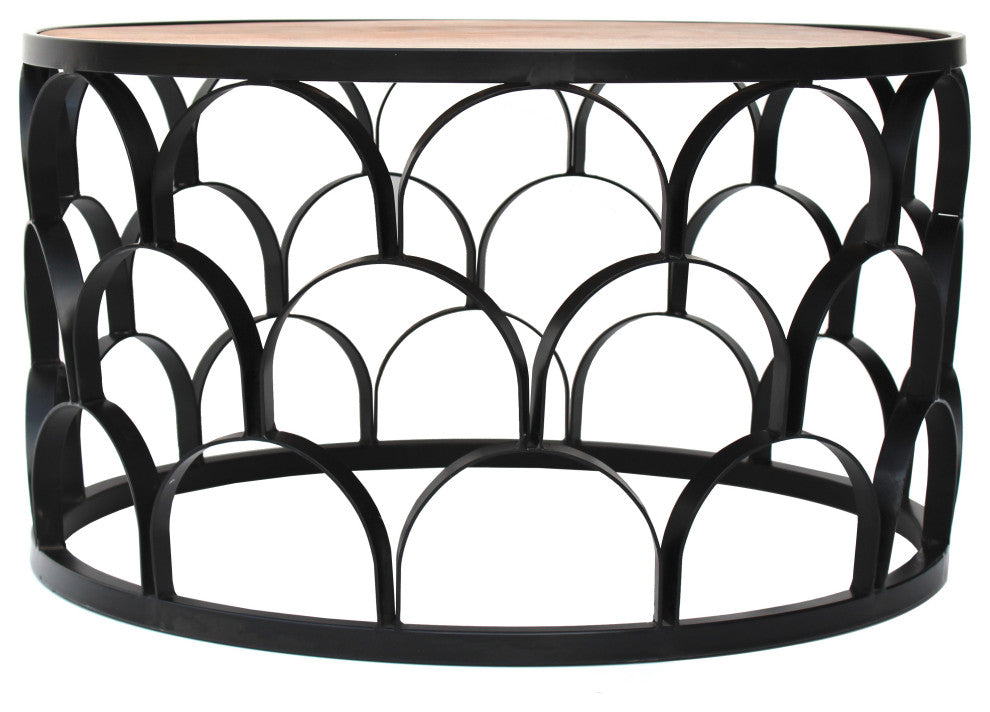 32" Round Coffee Table, Mango Wood Top, Lattice Cut Out Metal Frame, Brown/Black