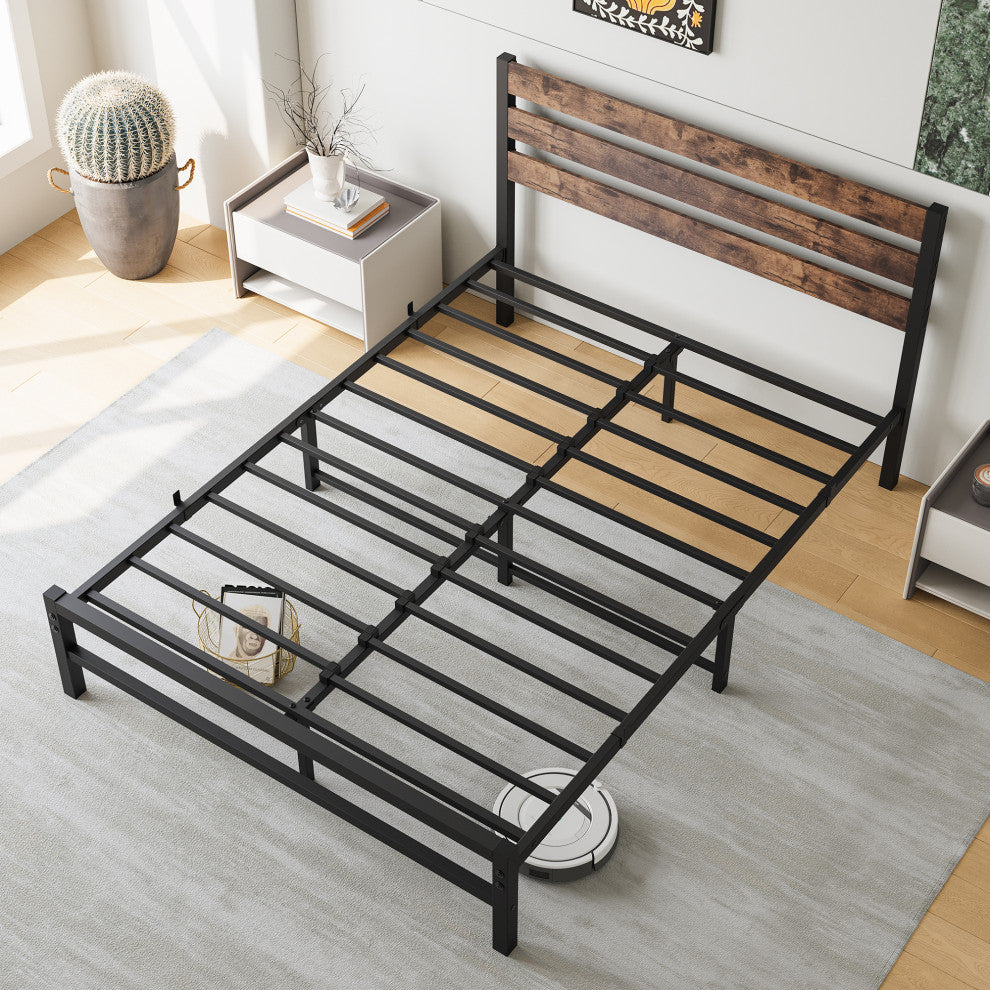 Gewnee Full Size Platform Bed Frame with Rustic Vintage Wood Headboard
