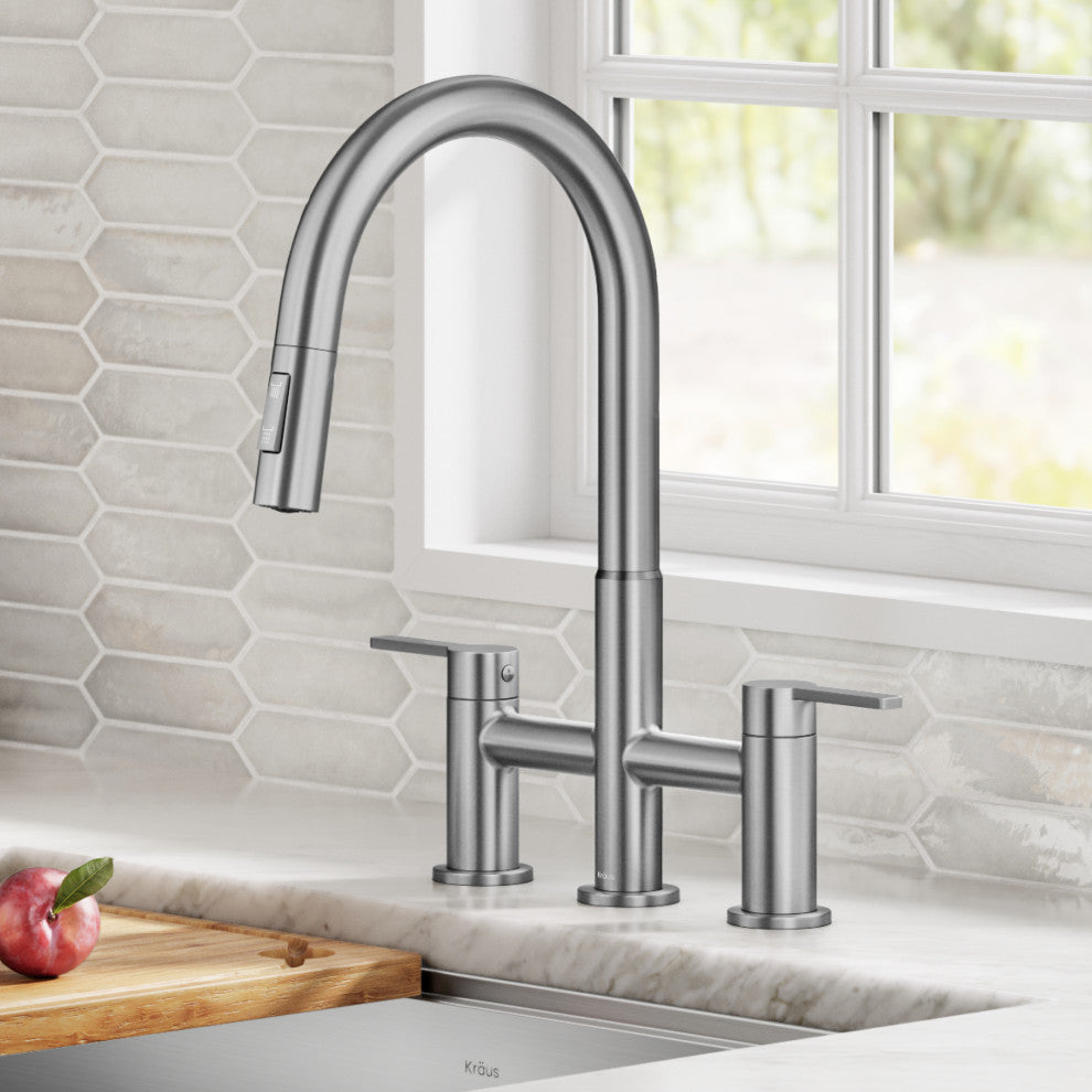 KRAUS Oletto 2-Function Pulldown 3-Hole Bridge Kitchen Faucet, Spot Free SS