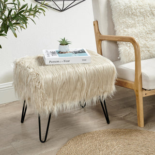 Mongolian Fur Ottoman, Oatmeal, 19''x13''x17''