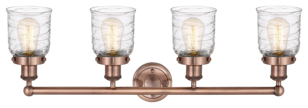Small Bell 4-Light 34" Vanity Light, Antique Copper Finish, Clear Deco Swirl