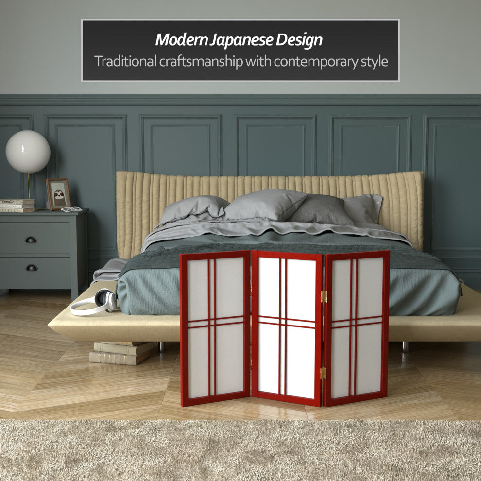 2' Tall Desktop Double Cross Shoji Screen, Rosewood, 3 Panels