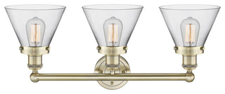 Edison Large Cone 3-Light 26" Vanity Light, Antique Brass Finish, Clear Shade