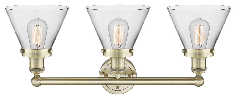 Edison Large Cone 3-Light 26" Vanity Light, Antique Brass Finish, Clear Shade