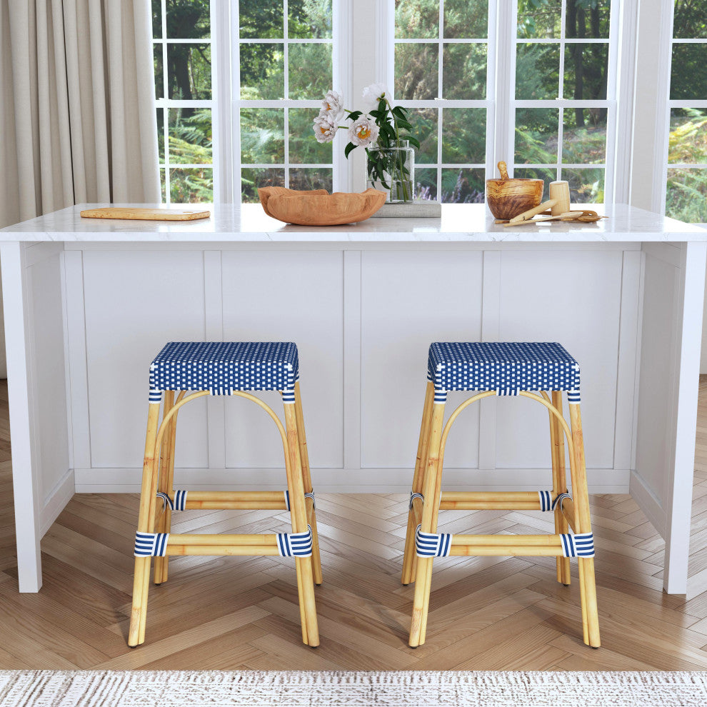 Tobias 30" Rectangular Rattan Barstool, Blue