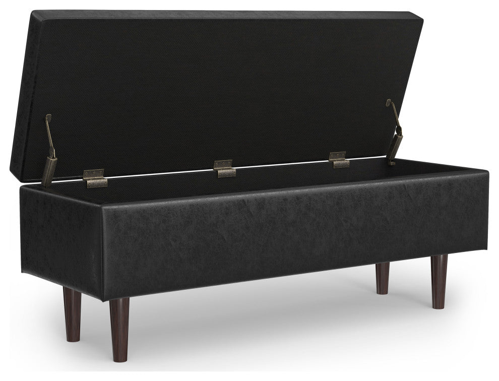 Shay Mid Century Rectangular Storage Ottoman, Distressed Black
