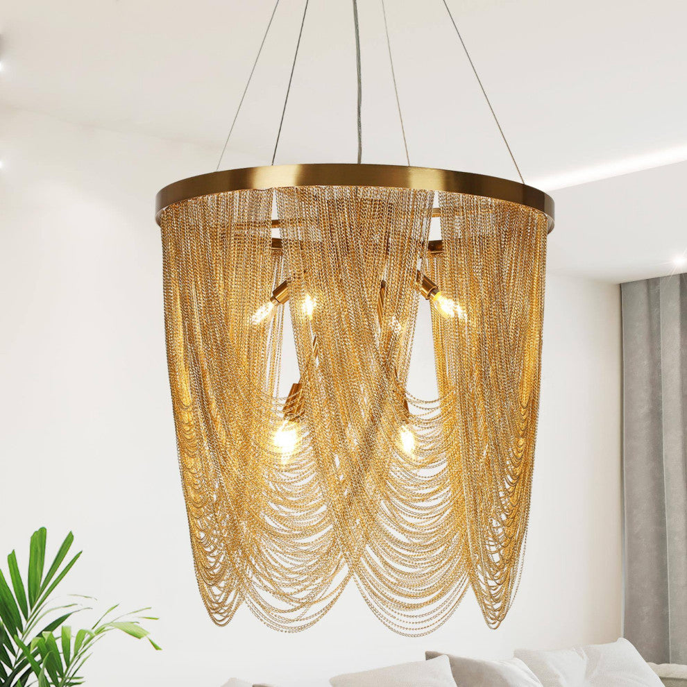 LNC Tracienuri 7-Light Gold Modern Spiral Tiered Chandelier, Rain Chains, Loose Chains