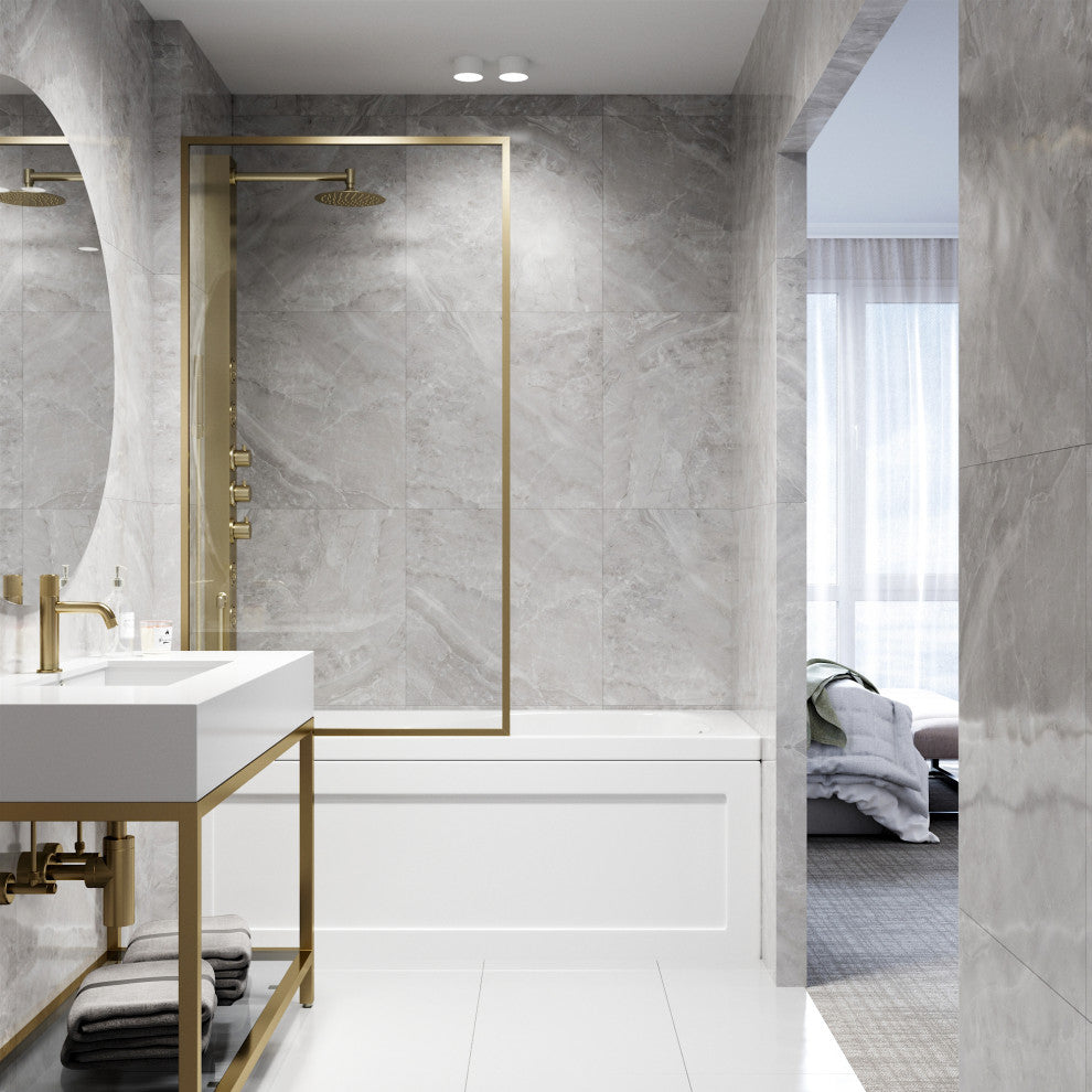 VIGO Meridian Framed Fixed, Matte Brushed Gold, Tub Screen, 34" W X 62" H, Clear Glass